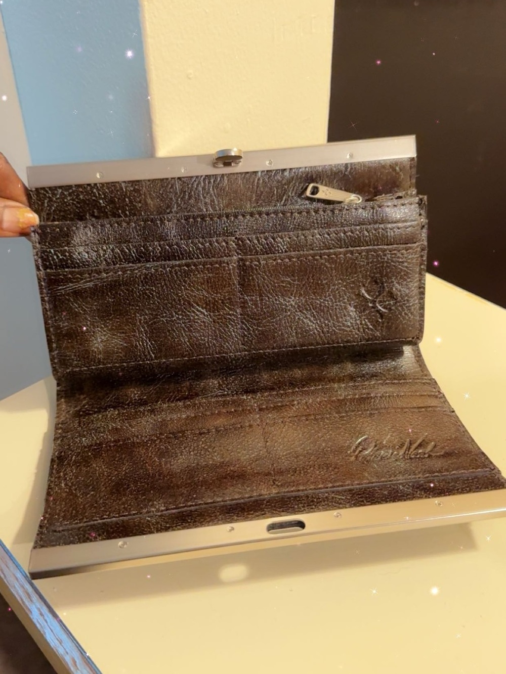 Patricia Nash Turquoise Tooled Floral Leather Wallet Clutch with Brown Accents, - Picture 3 of 6